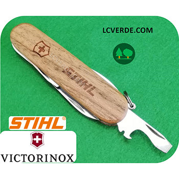 Coltellino Svizzero Tascabile Legno Multifunzione Cacciavite Spela fili Victorinox Stihl accessori LCVERDE.com 04201600000