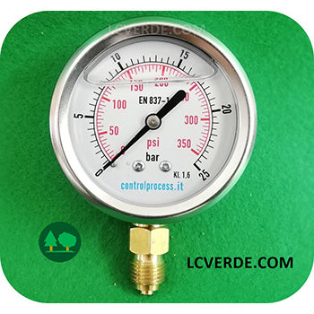 Manometro Inox Glicerina Bar 0-25 Attacco Radiale 1.4 Diametro 63 Aria Compressa Pneumatica ricambio LCVERDE.com