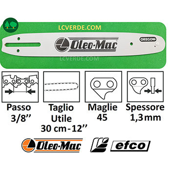 Barra Spranga 30 cm Motosega OleoMac GS35 GS350 GS370 GST360 937 931 932 GS220 Efco 131 132  MT350 MT3500 MTT3600 MT220 Maglie 45 Passo 3.8 ricambi LCVERDE.com 50030232R sparre parts