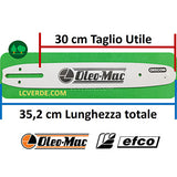 Barra Spranga 30 cm Motosega OleoMac GS35 GS350 GS370 GST360 937 931 932 GS220 Efco 131 132  MT350 MT3500 MTT3600 MT220 Maglie 45 Passo 3.8 ricambi LCVERDE.com 50030232R spare part