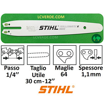Barra Spranga Rollomatic Mini 30 cm Motosega Stihl  Maglie 64 Passo 1.4 Spessore 1.1 ricambi LCVERDE.com 30050083405 spare part