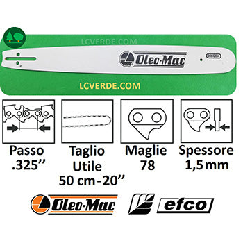 Barra Spranga 50 cm Motosega OleoMac Efco Maglie 78 Passo .325 ricambi LCVERDE.com 50082021R Oregon spare parts