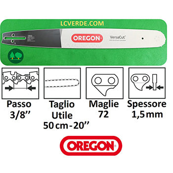 Barra Spranga 50 cm Oregon Motosega Active 51.51 56.56 62.62 Ibea 5000 5500 6000 Passo 3.8 Spessore 1.5 ricambi LCVERDE.com spare part